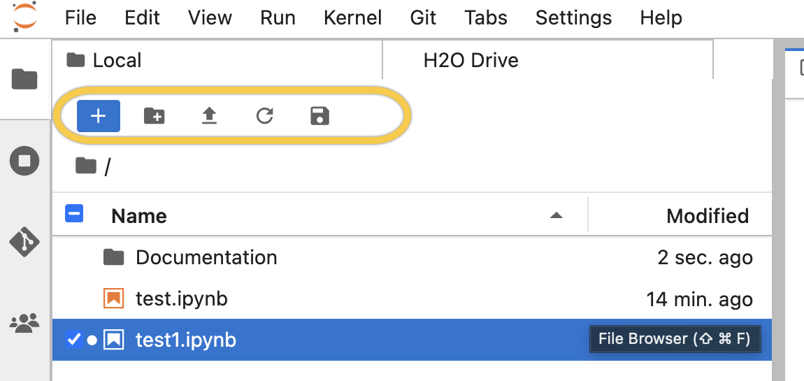 The H2O Drive toolbar in the Files panel, highlighted, showing the New notebook in H2O Drive, New folder in H2O Drive, Upload Files, Refresh H2O Drive listing, and Save active notebook to H2O Drive buttons