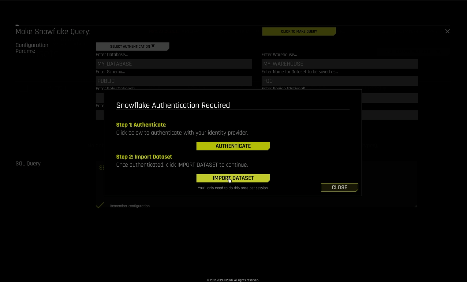 Snowflake Authentication Required dialog with Authenticate and Import Dataset buttons