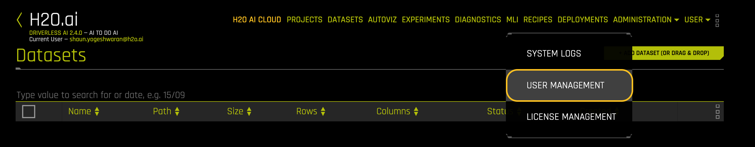 Administration dropdown menu