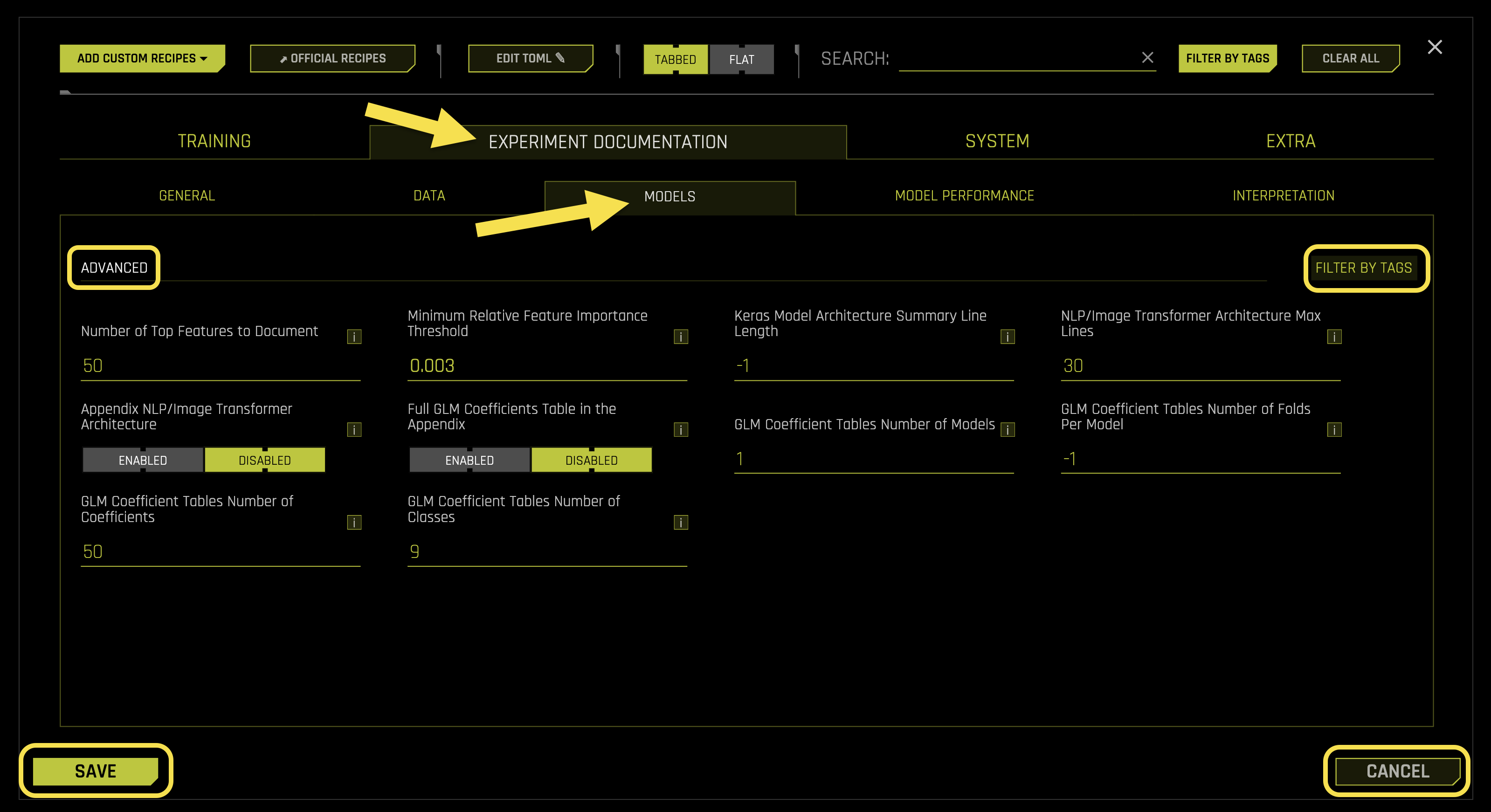 Models Experiment Documentation Settings