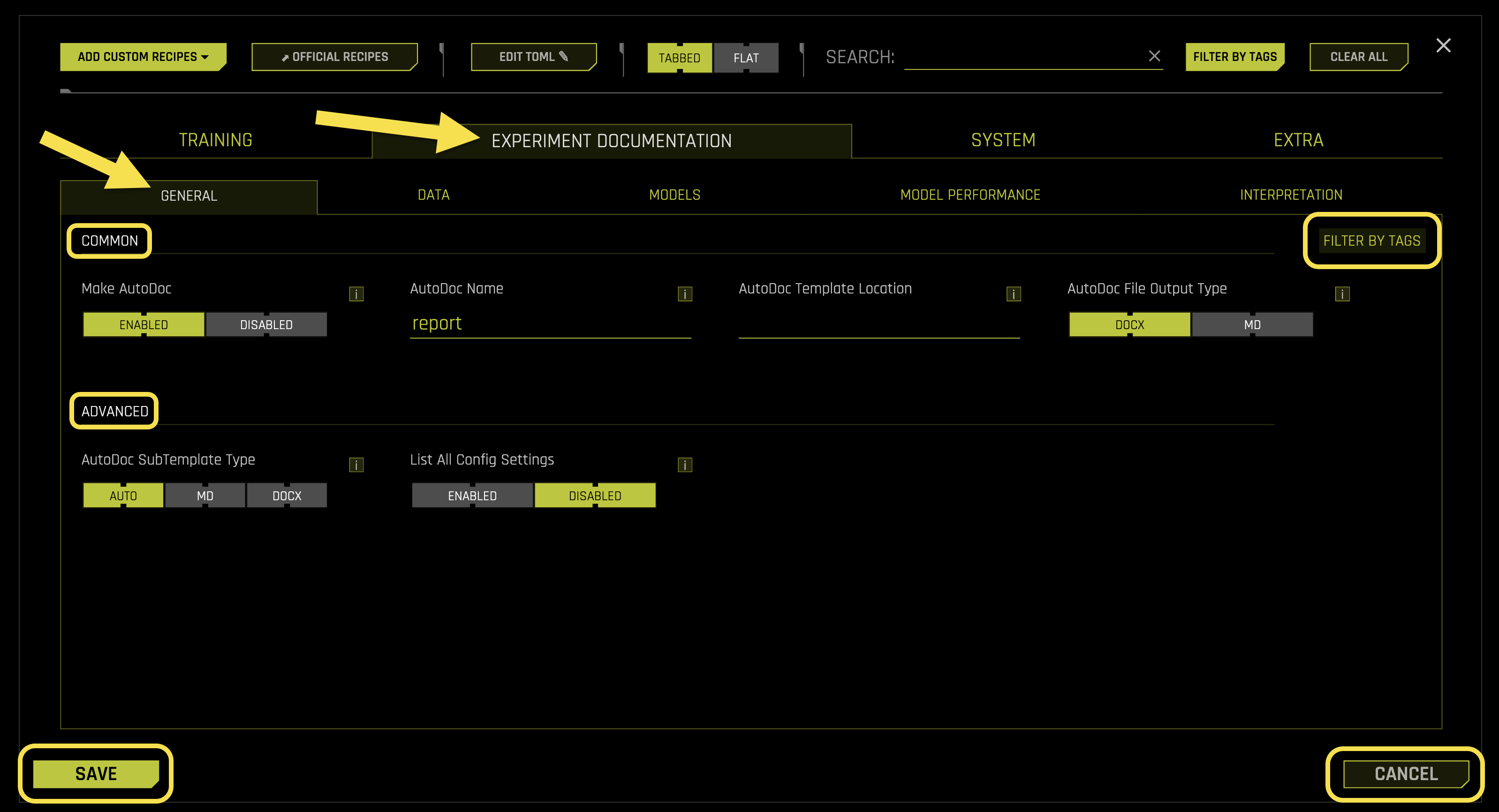 General Experiment Documentation Settings