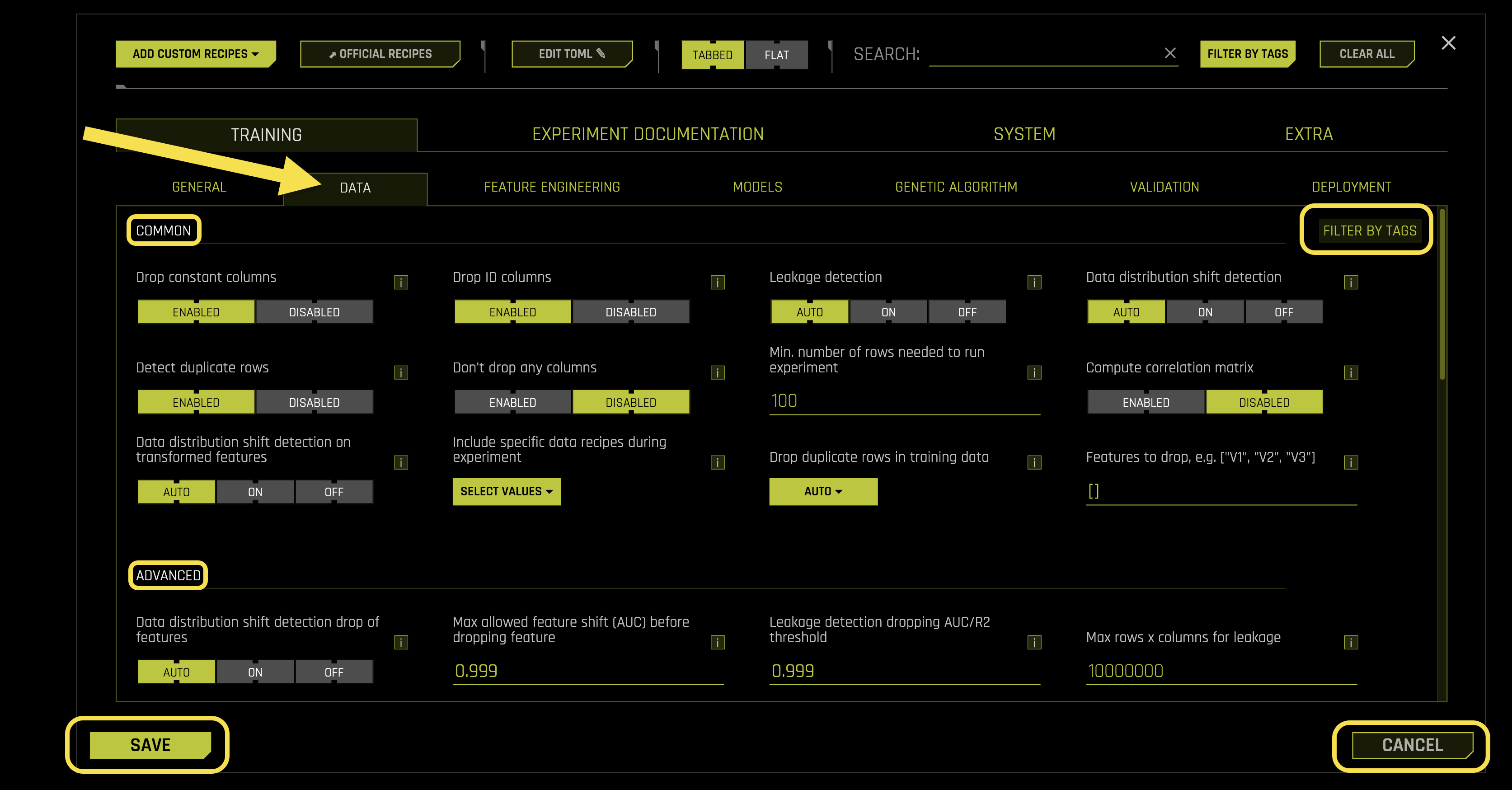 Data Training Settings