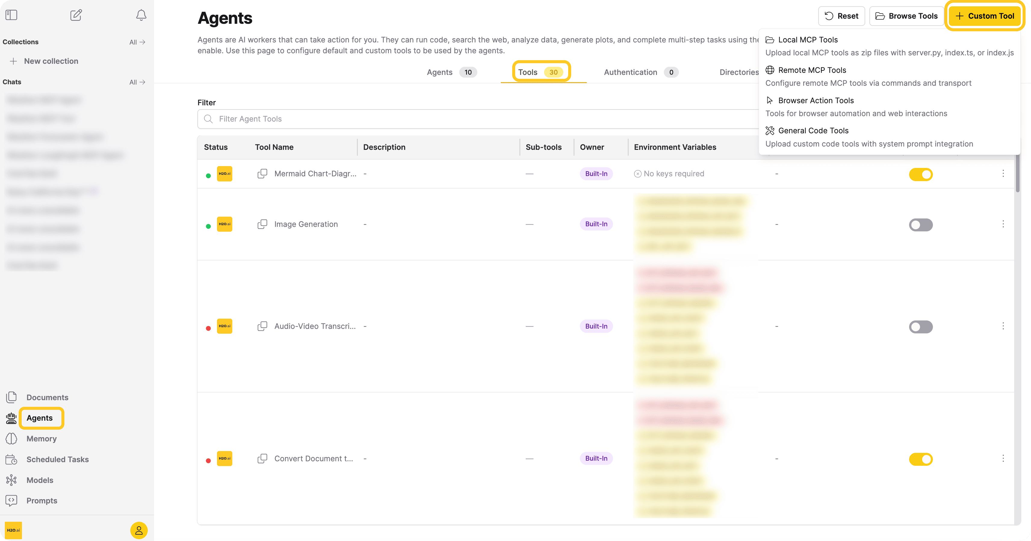 Custom Tool dropdown menu showing all four tool types