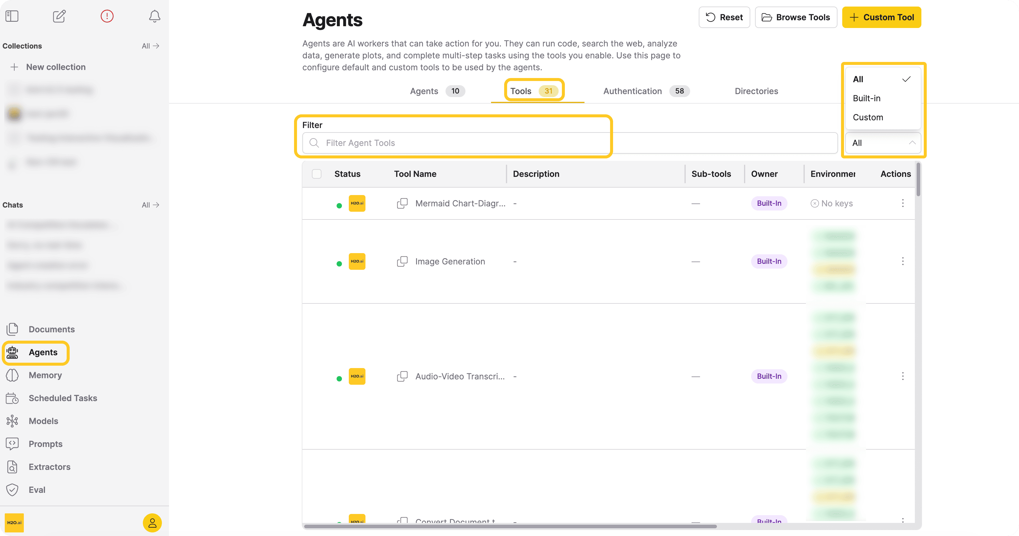 Agents Tools tab showing the full list of available tools