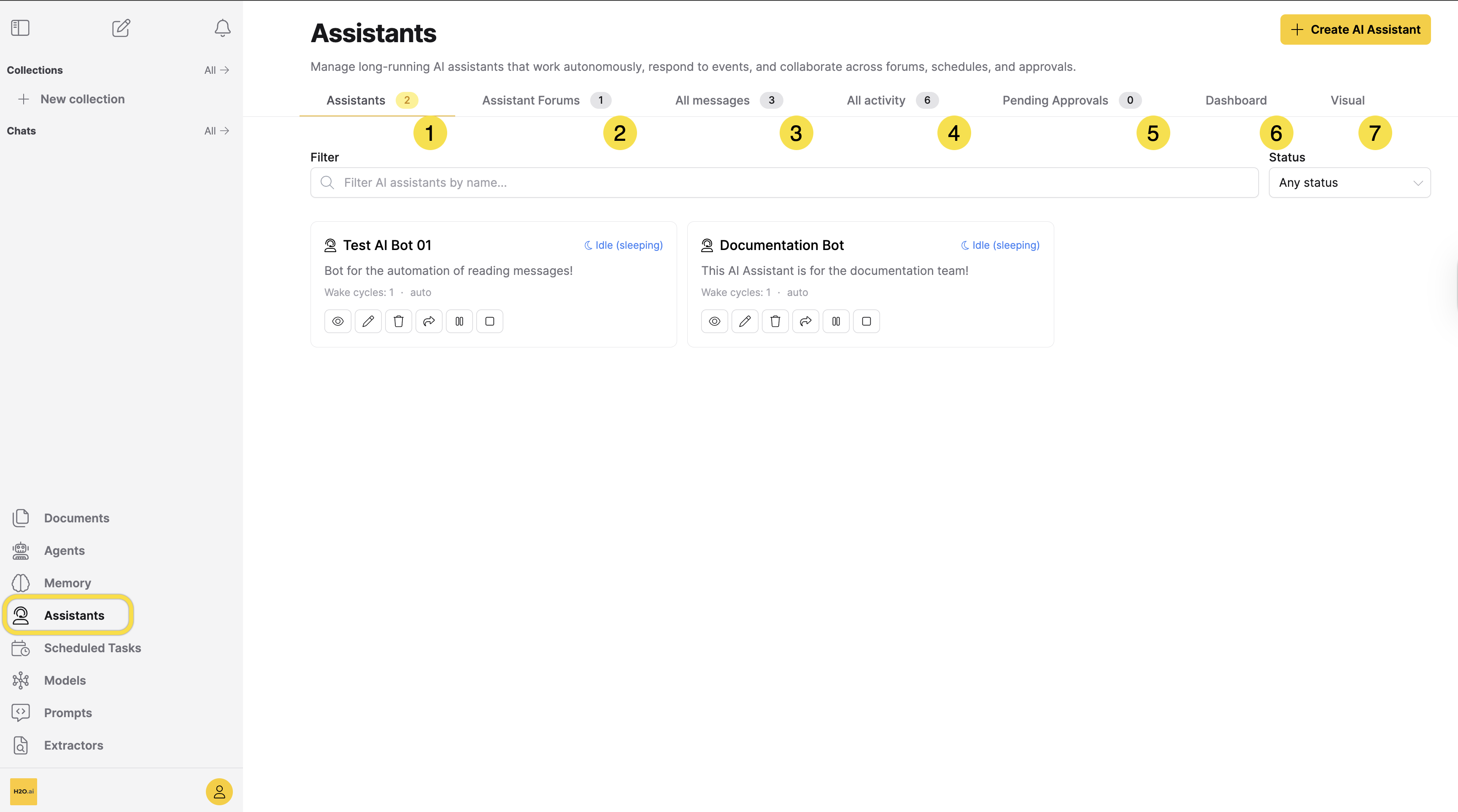 The AI Assistants page, showing the assistant card grid and the seven page tabs