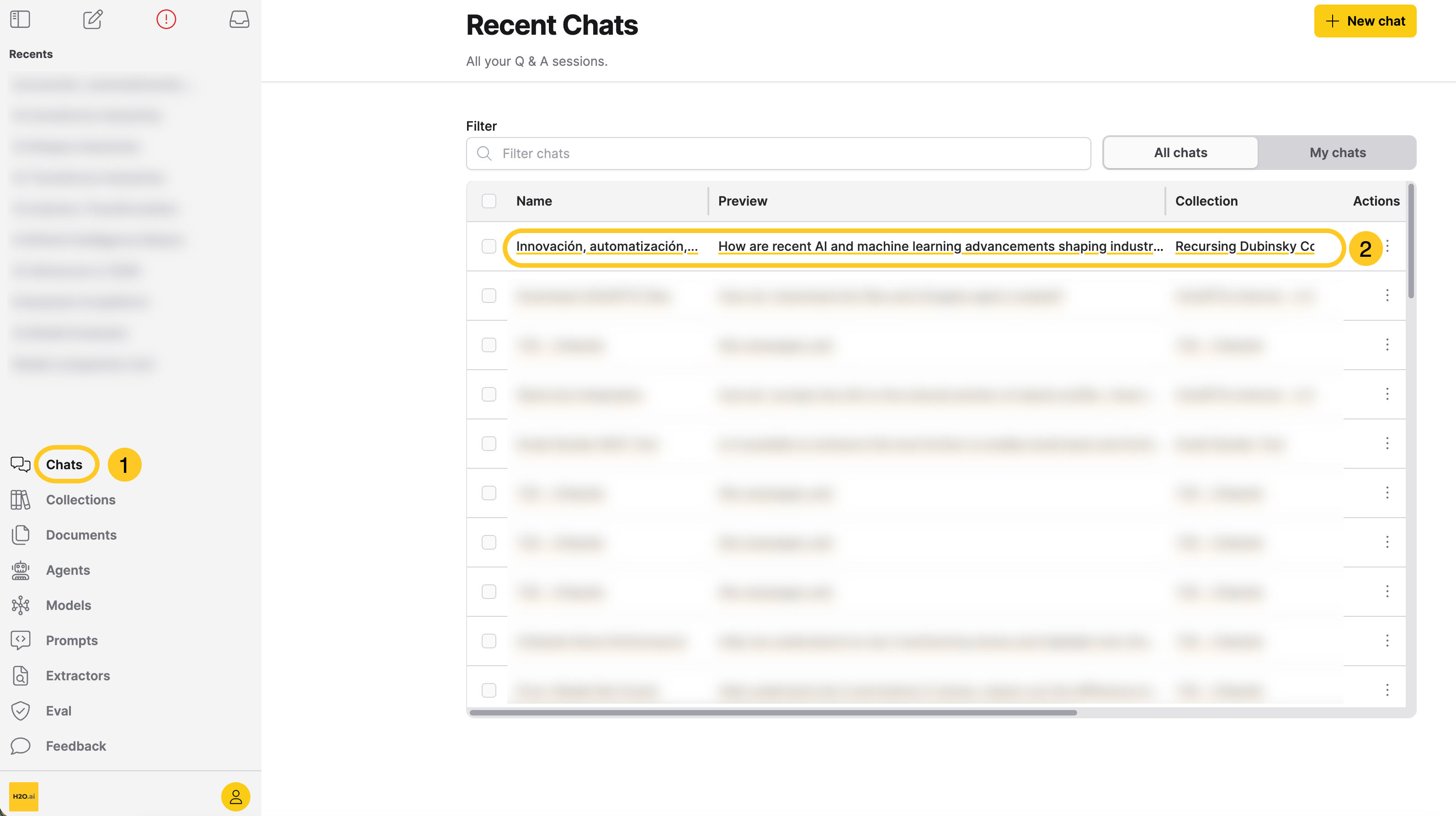 Recent Chats page with a chat session row highlighted