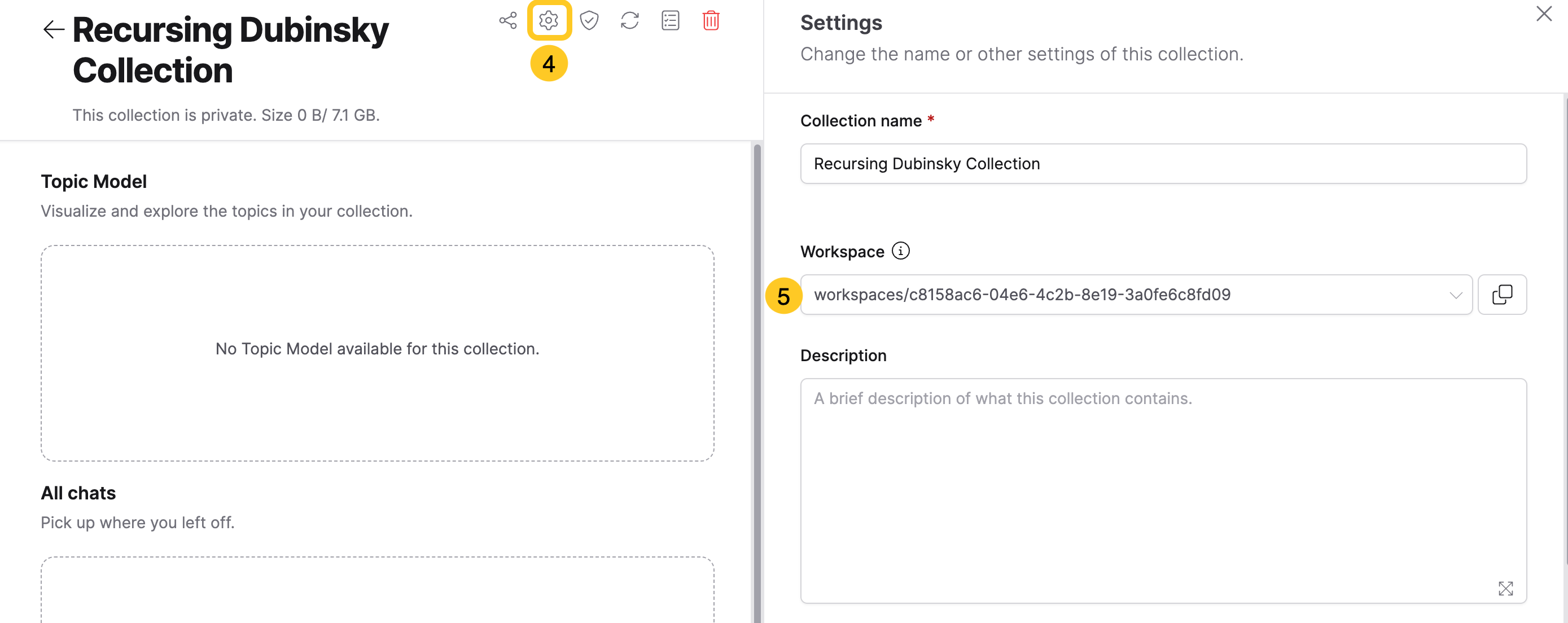 Collection settings panel with the Workspace dropdown highlighted