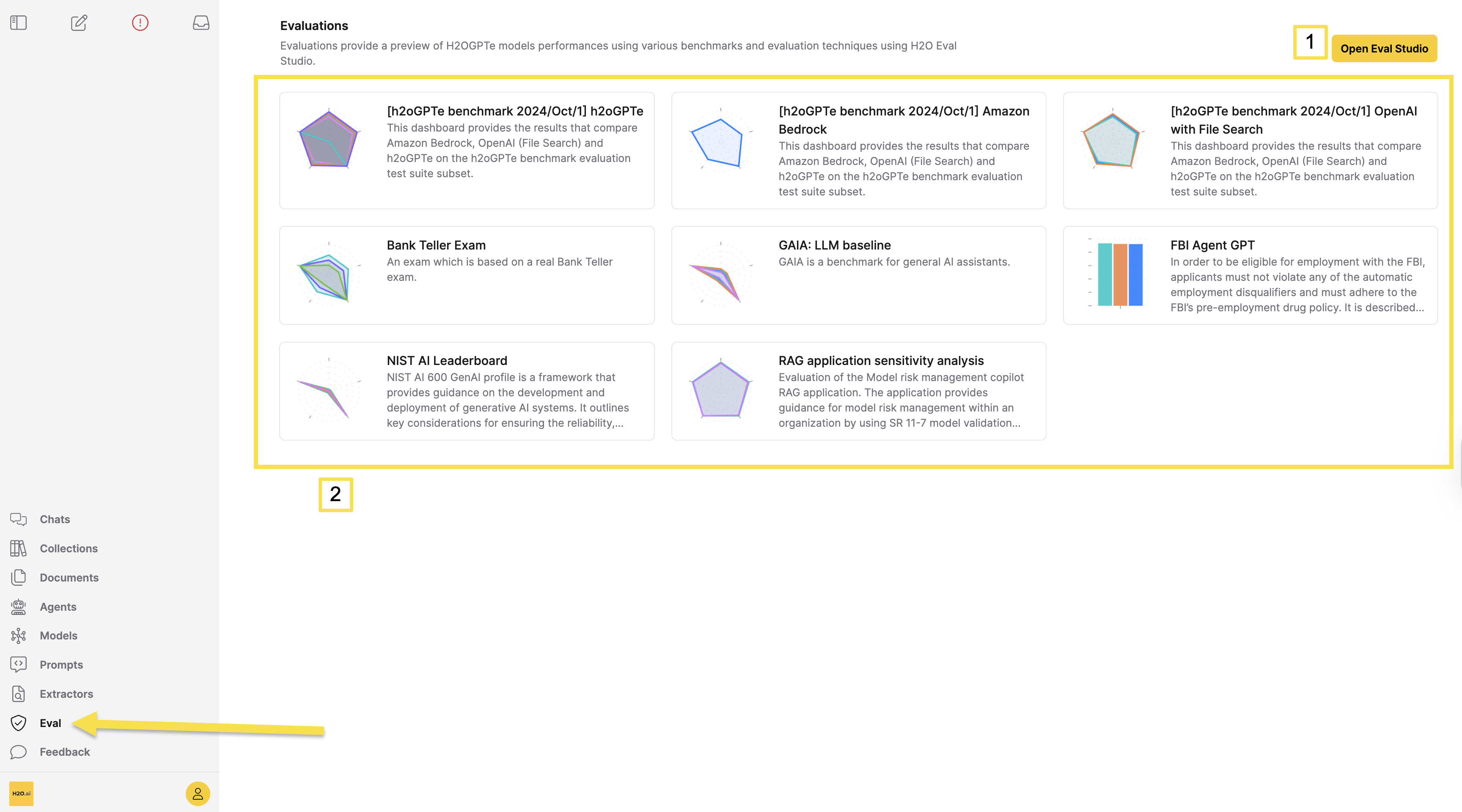 Evaluations page with labels