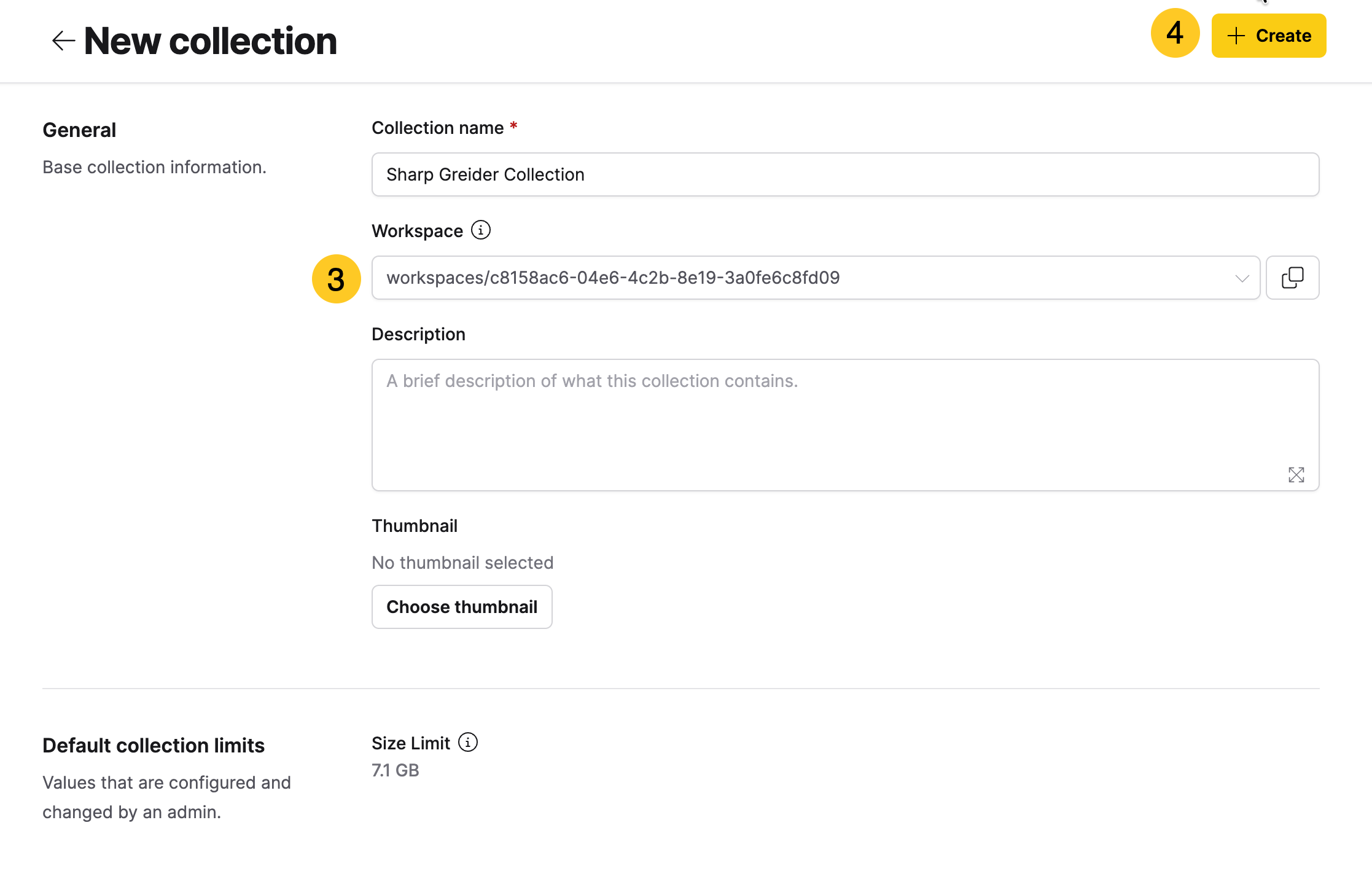 New collection form with the Workspace dropdown and + Create button highlighted