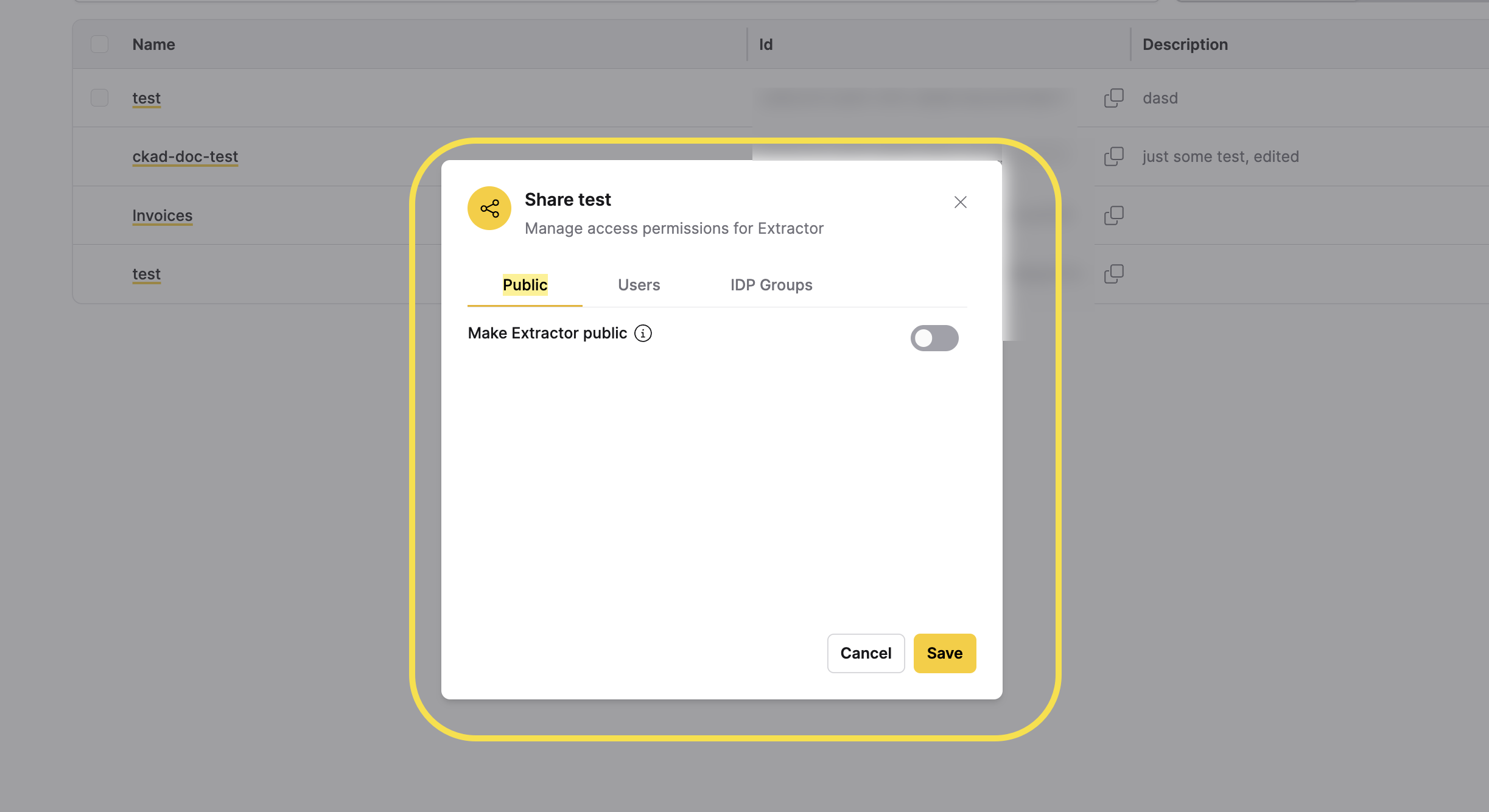 Share Extractor dialog