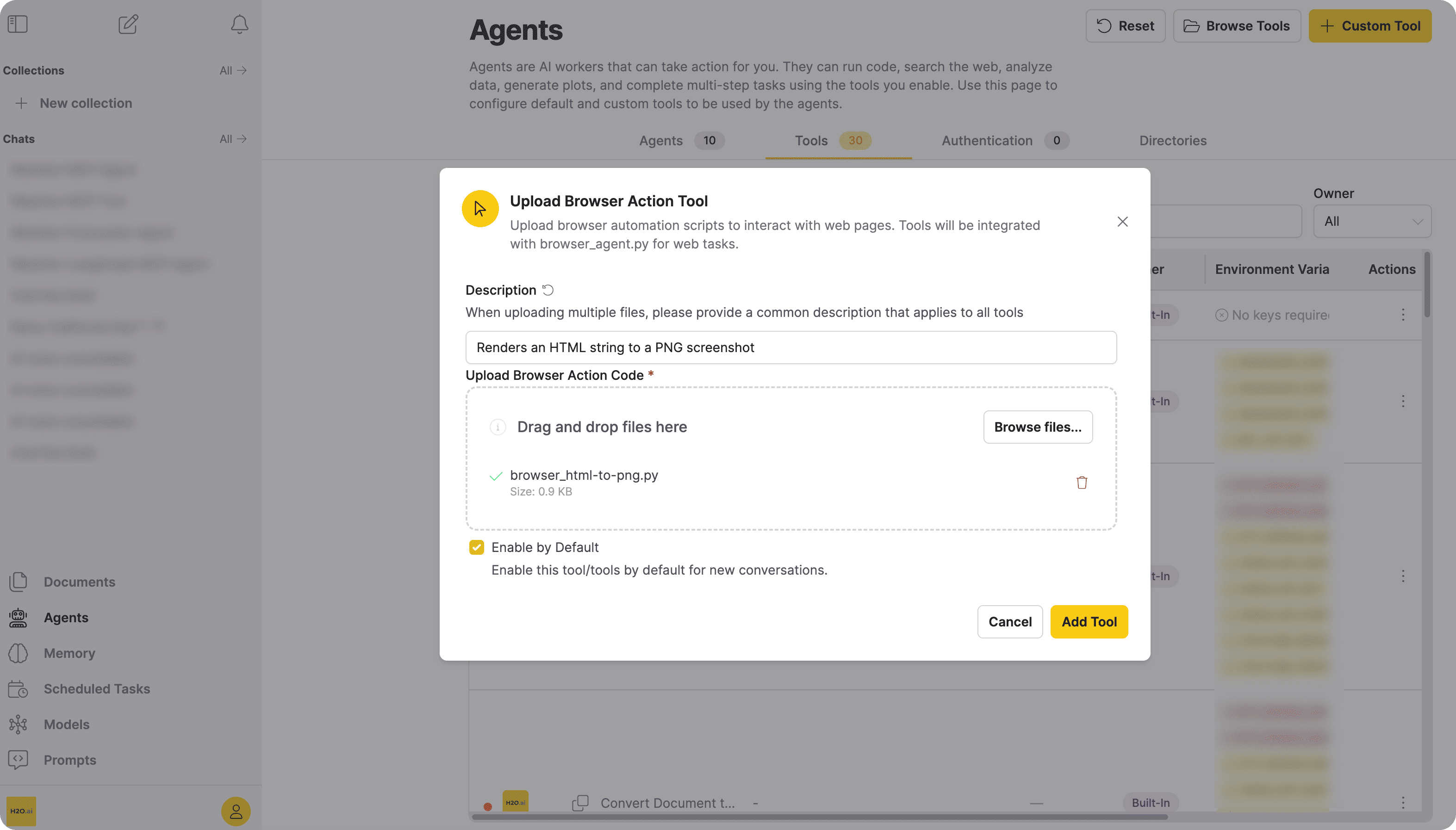 Upload Browser Action Tool dialog