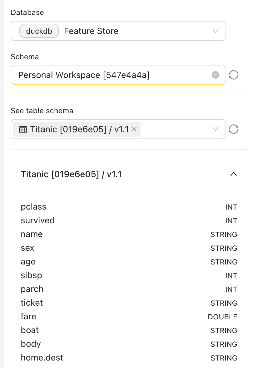 The Database, Schema, and Table pickers with the Titanic feature set columns and their Feature Store data types (INT, STRING, DOUBLE).