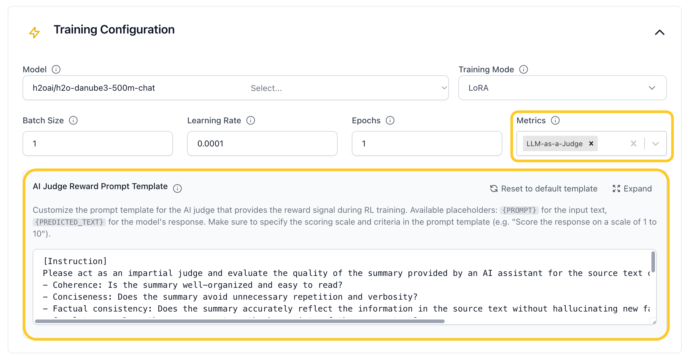 Metrics and Reward prompt template settings