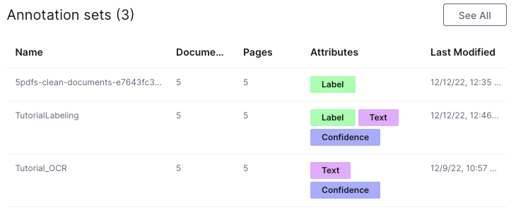Annotation Sets project panel. Shows available annotation sets and their statuses. Can access by clicking the See All button in the top right corner of the panel.