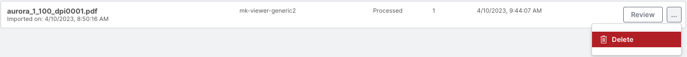 The workflow to delete your document by clicking the meatball menu at the end of the document's row and then clicking delete.