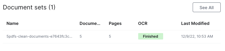 Document Sets project panel. Shows available document sets and their statuses. Can access by clicking the See All button in the top right corner of the panel.