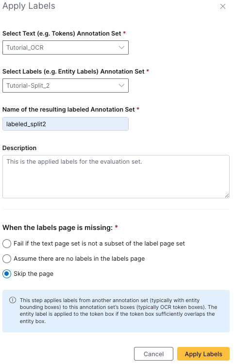 The labeled split annotation set panel for the evaluation annotation set. The description reads: "This is the applied labels for the evaluation set."