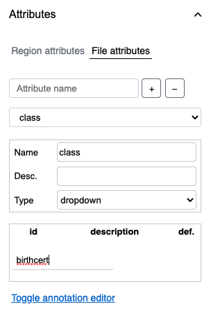 File attributes box where you set your class attributes in Page View. Also located in the middle left box.