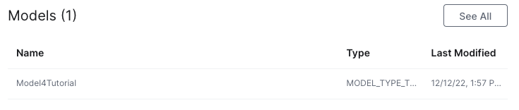 Models project panel. Shows available models and their statuses. Can access by clicking the See All button in the top right corner of the panel.