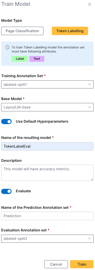 The Train Model panel.