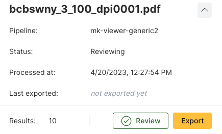 The top of the information panel which has general information about the document including the name of the document, the pipeline used to process it, and the number of values.