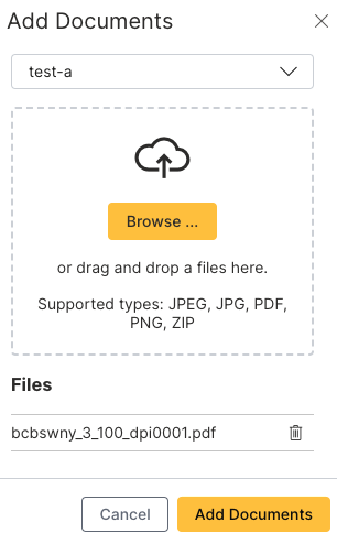 The Add Document panel. This panel lets you select your desired scoring pipeline and add a new file to be processed.