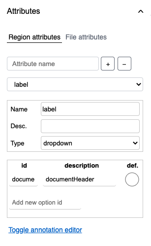 Region attributes box where you set your label attributes in Page View. Located in the middle left box.