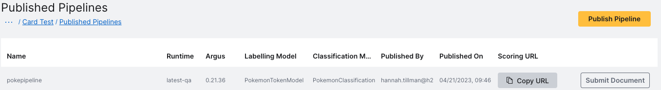 Scoring URL copy button located on each published pipeline to use for the H2O Document AI - Bulk Scorer.