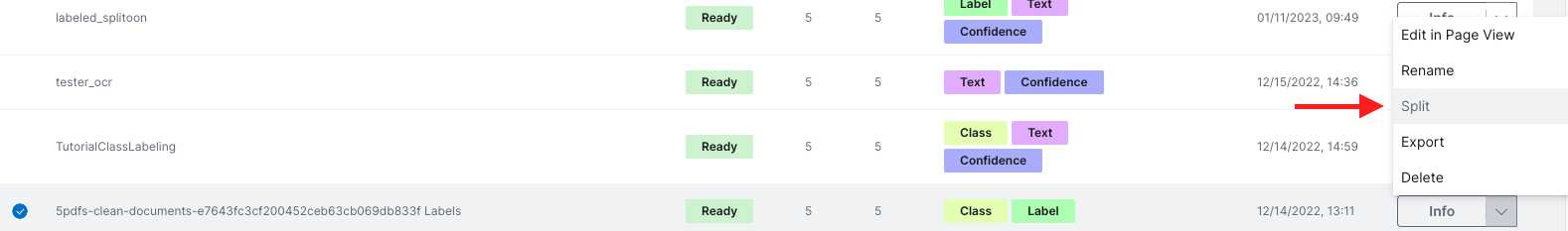 This shows how to access the split annotation set panel from the annotation sets page.