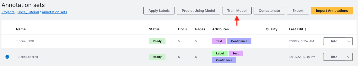 Shows how to access the Train Model panel by selecting your labeled tokens set to make the Train Model button in the top navigation bar available.