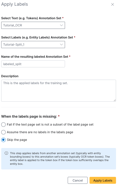 The labeled split annotation set panel for the training annotation set. The description reads: "This is the applied labels for the training set."