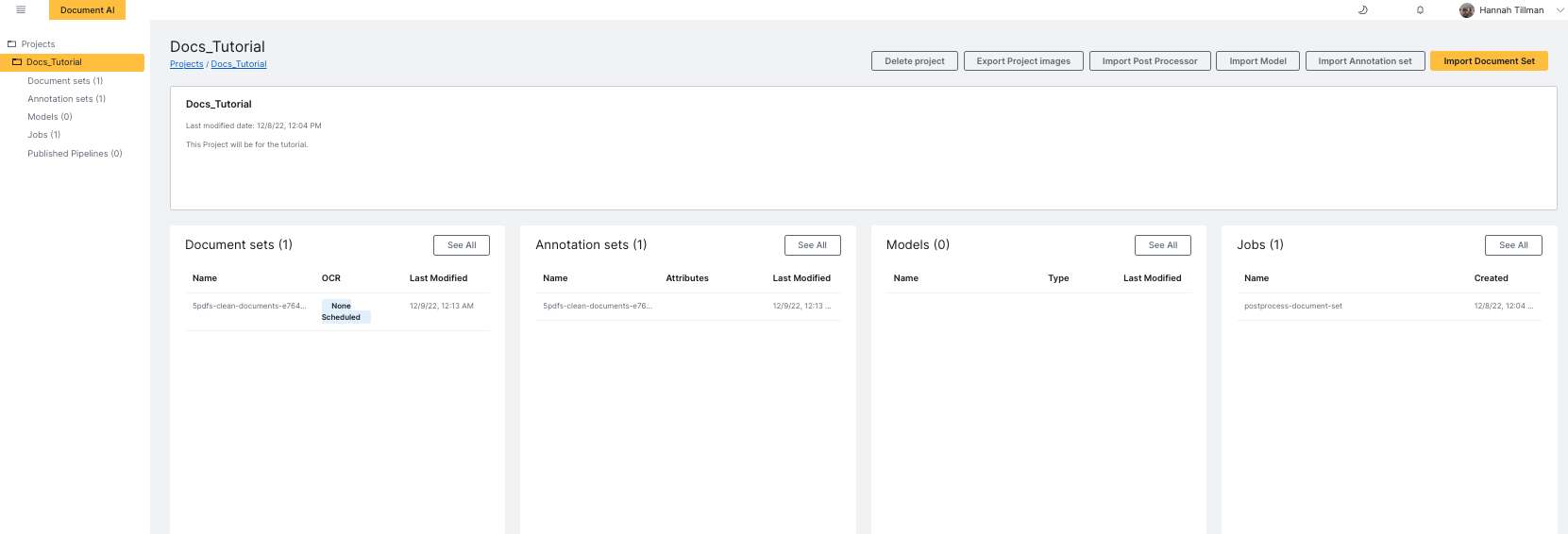 Main project page. Shows all the project panels, all the available top navigation options, and the left navigation bar.