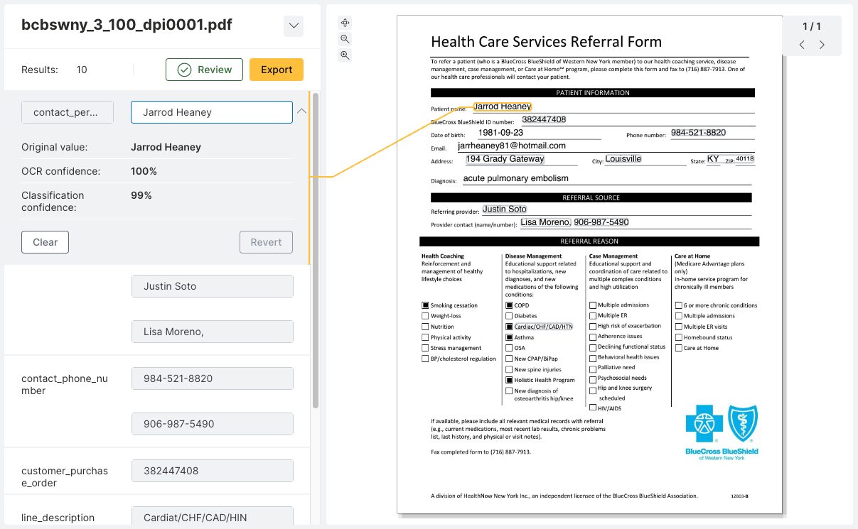 Clicking on a value will point to that value's location on the document.