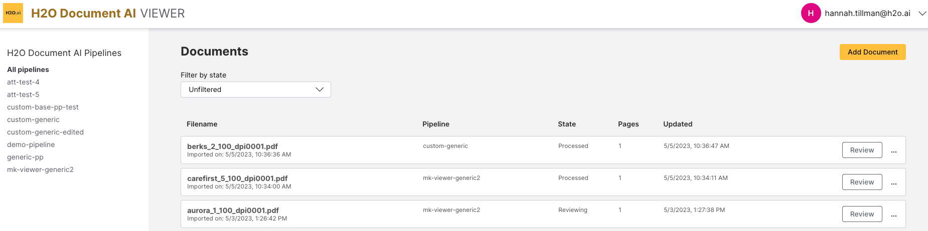 The H2O Document AI - Viewer dashboard. You can see available pipelines and previously uploaded documents.