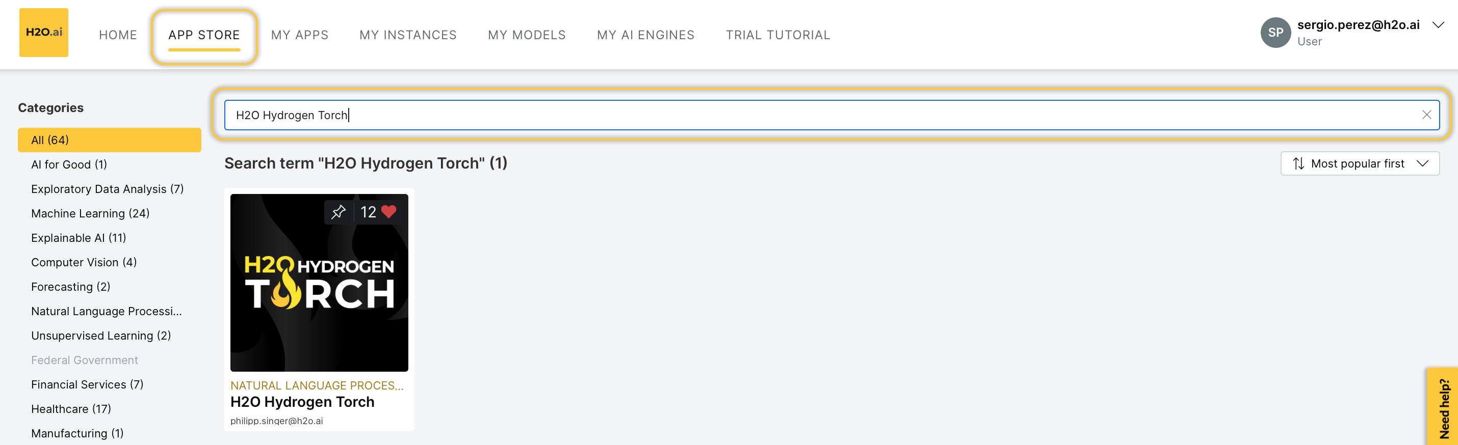 H2O Hydrogen Torch written in the search bar
