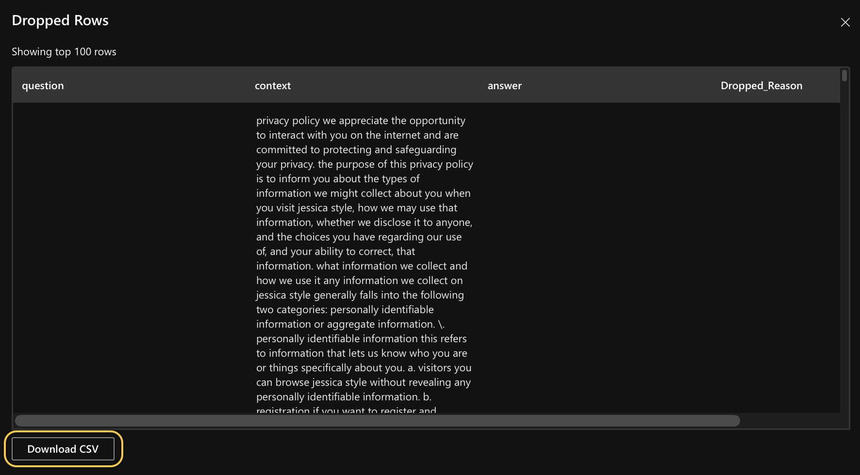 Download dropped rows