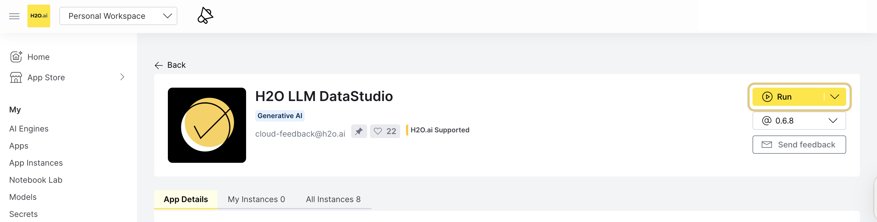 H2O LLM DataStudio Run instance button highlighted