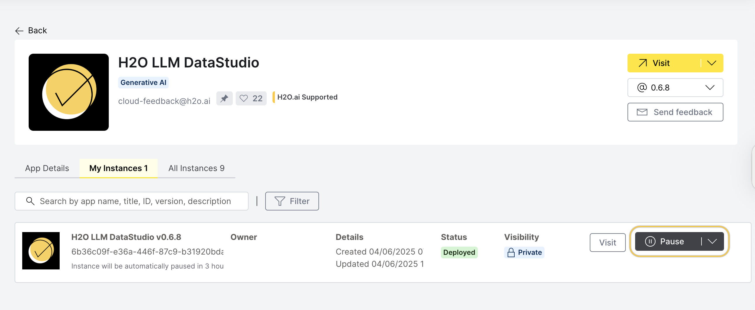 My instances tab and the pause button