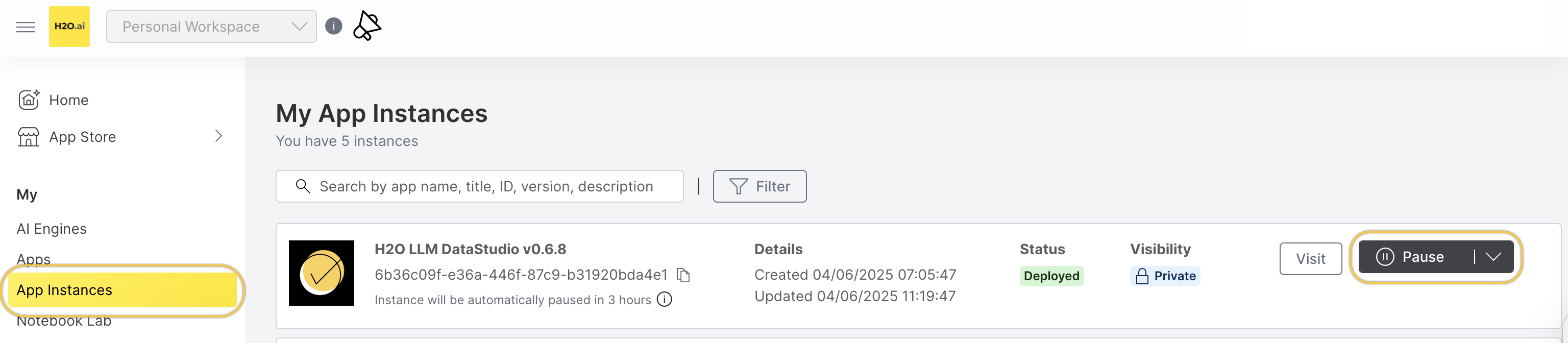 My instances section within App details and the pause button