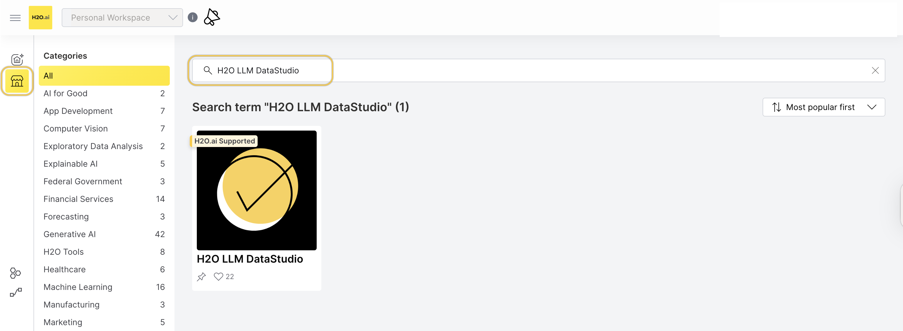 H2O LLM DataStudio written in the search bar