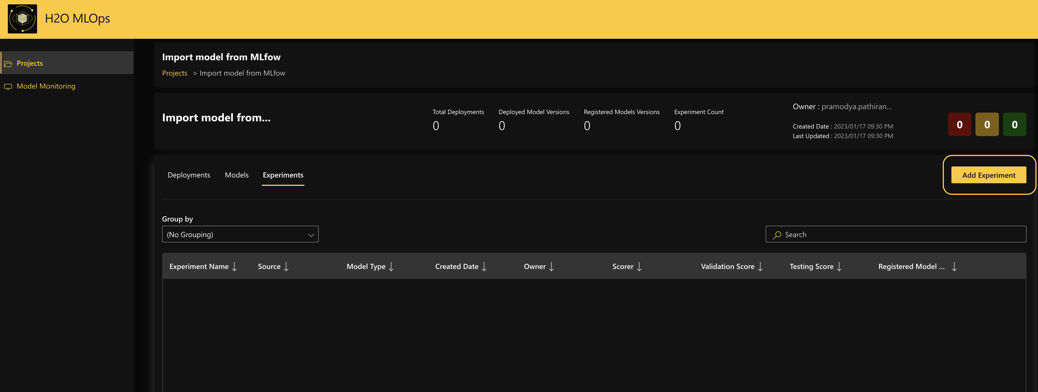 Add experiment button