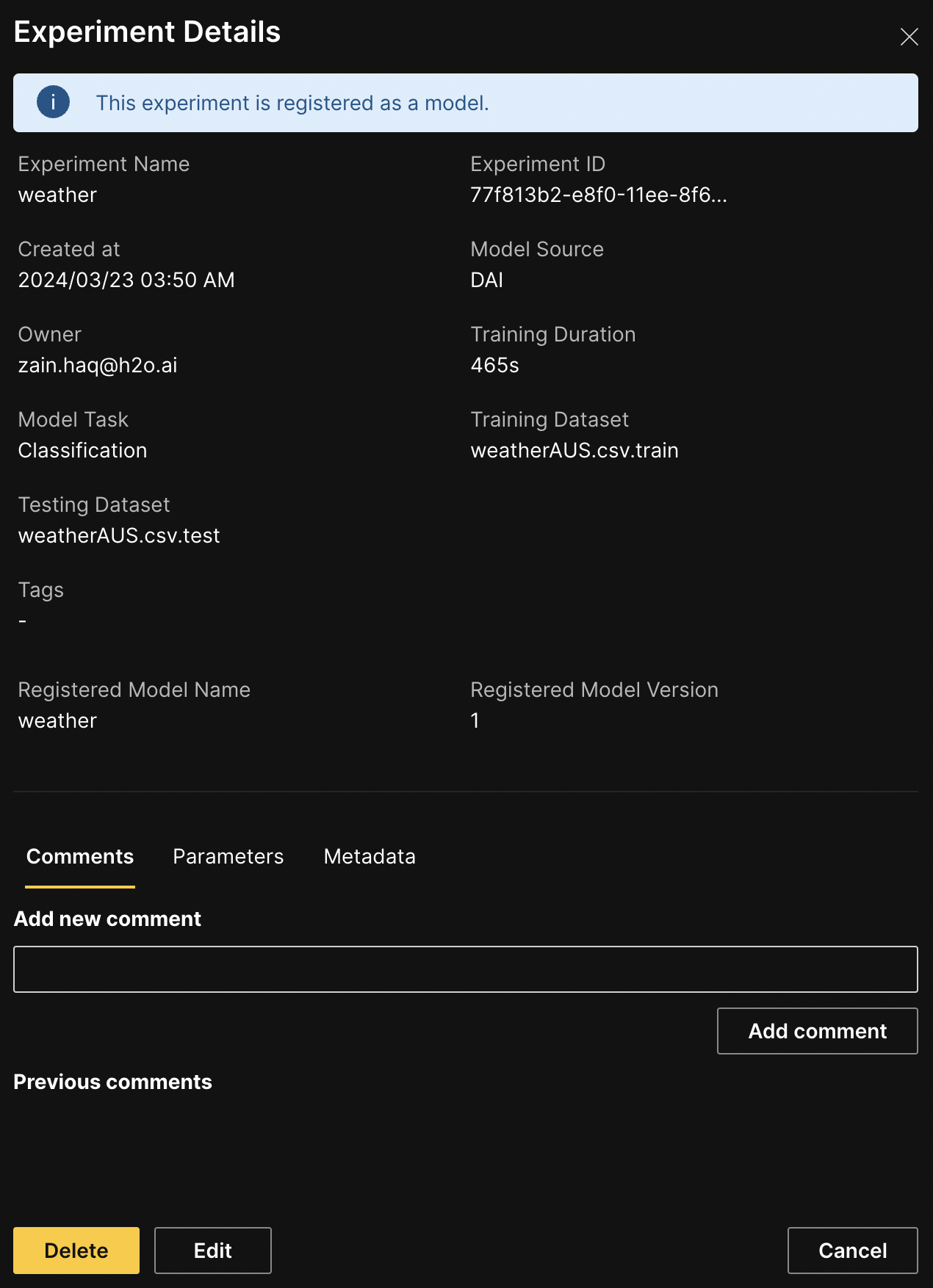 Experiment Details panel