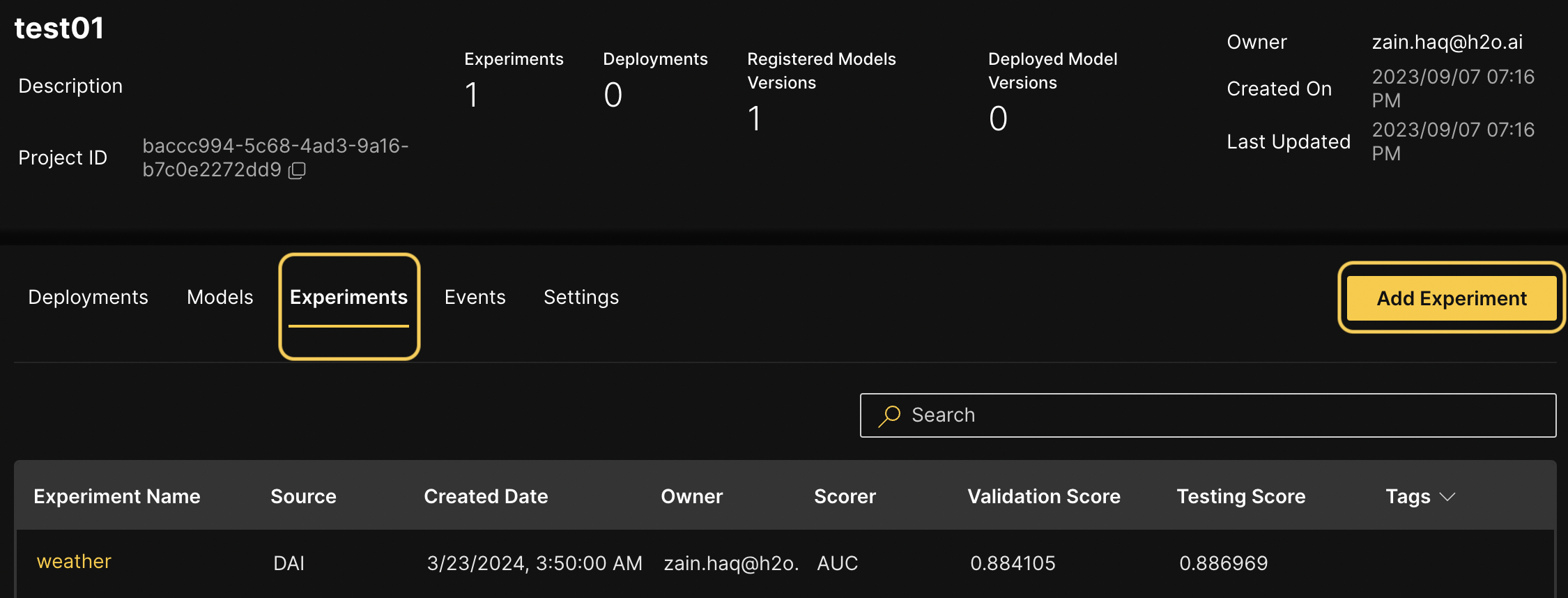 Add experiment button
