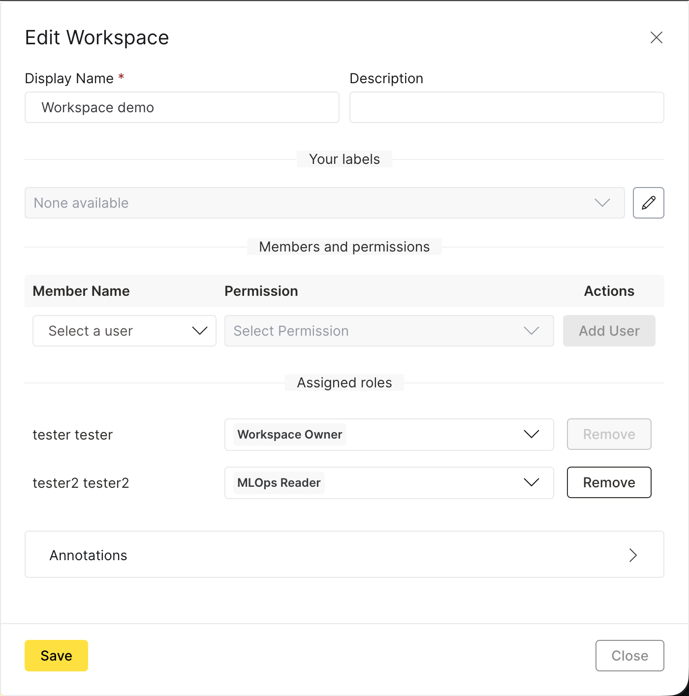 Assign the MLOps Reader role in the Edit Workspace dialog