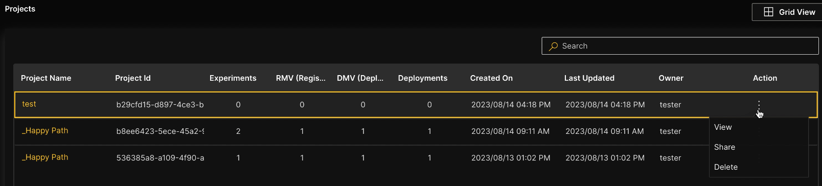 Project list view actions