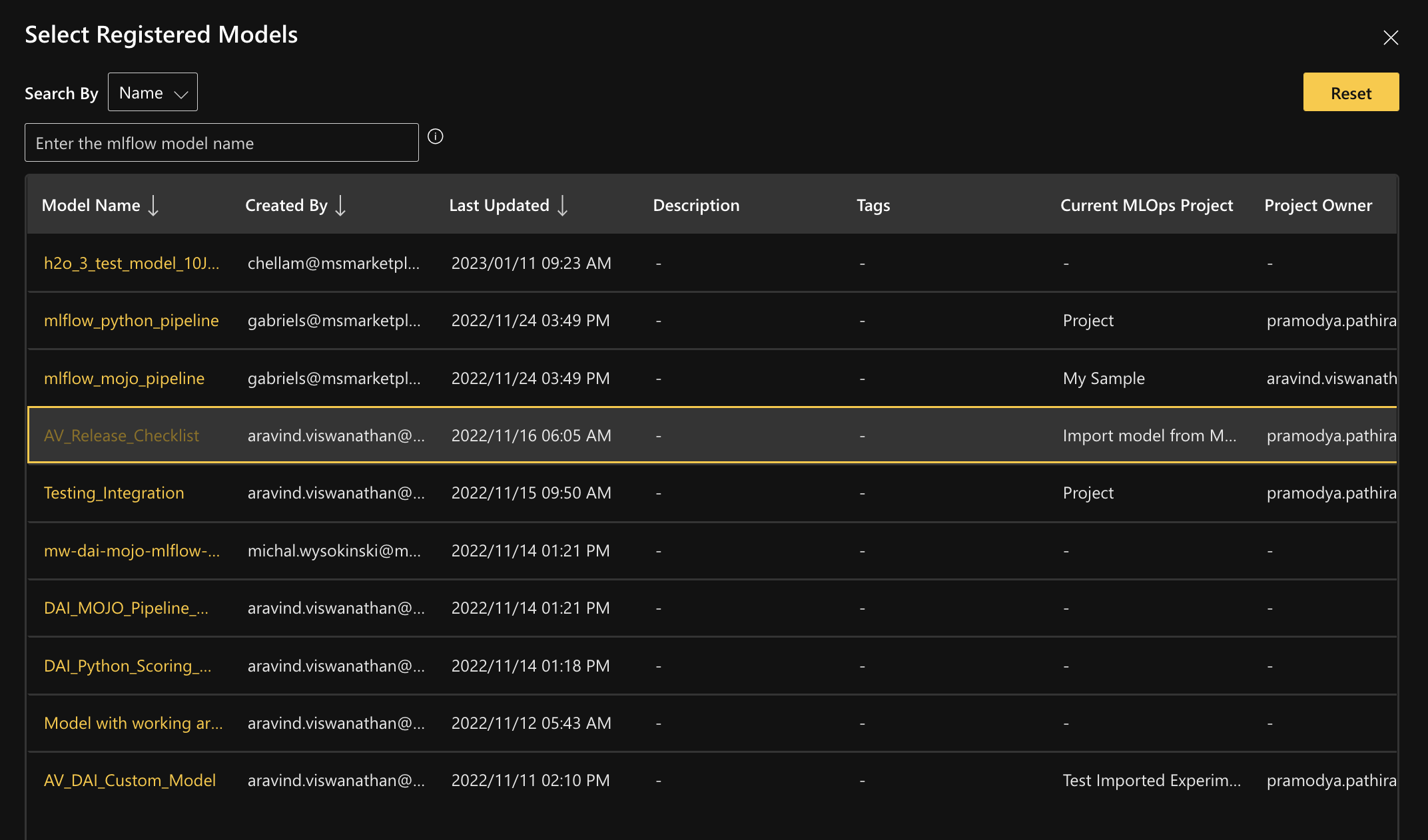 Select registered models