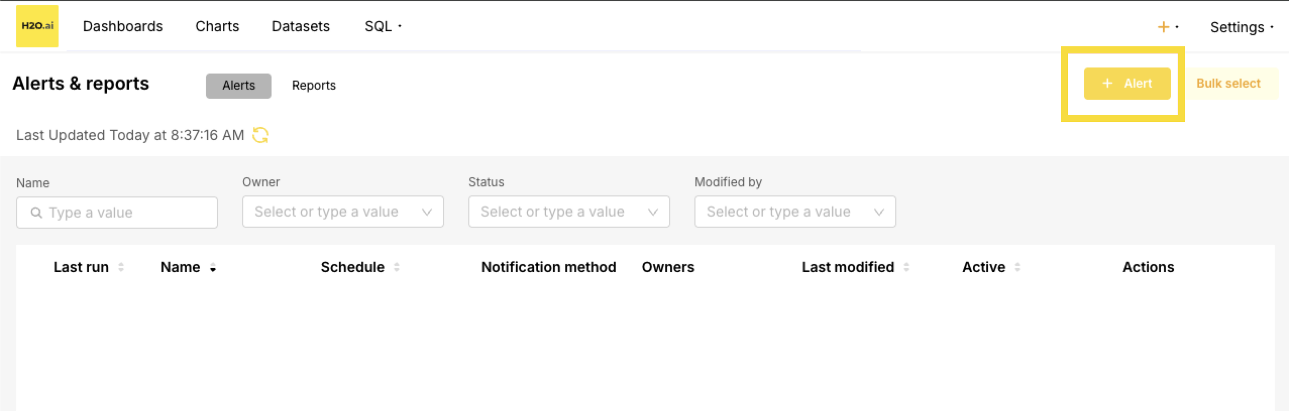 Superset create alert button
