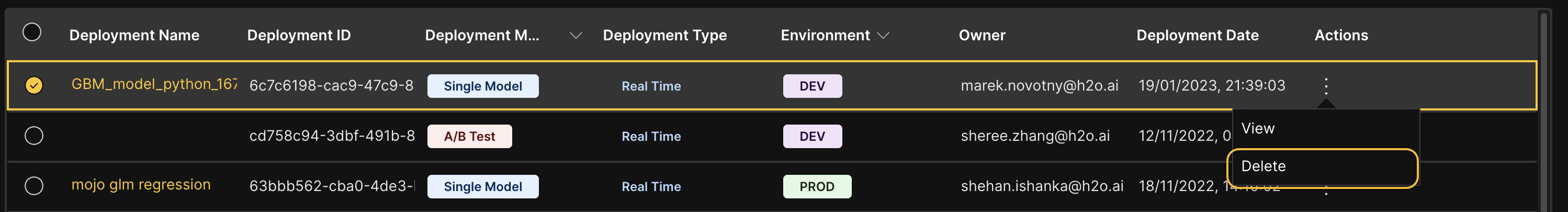 Delete from Actions menu
