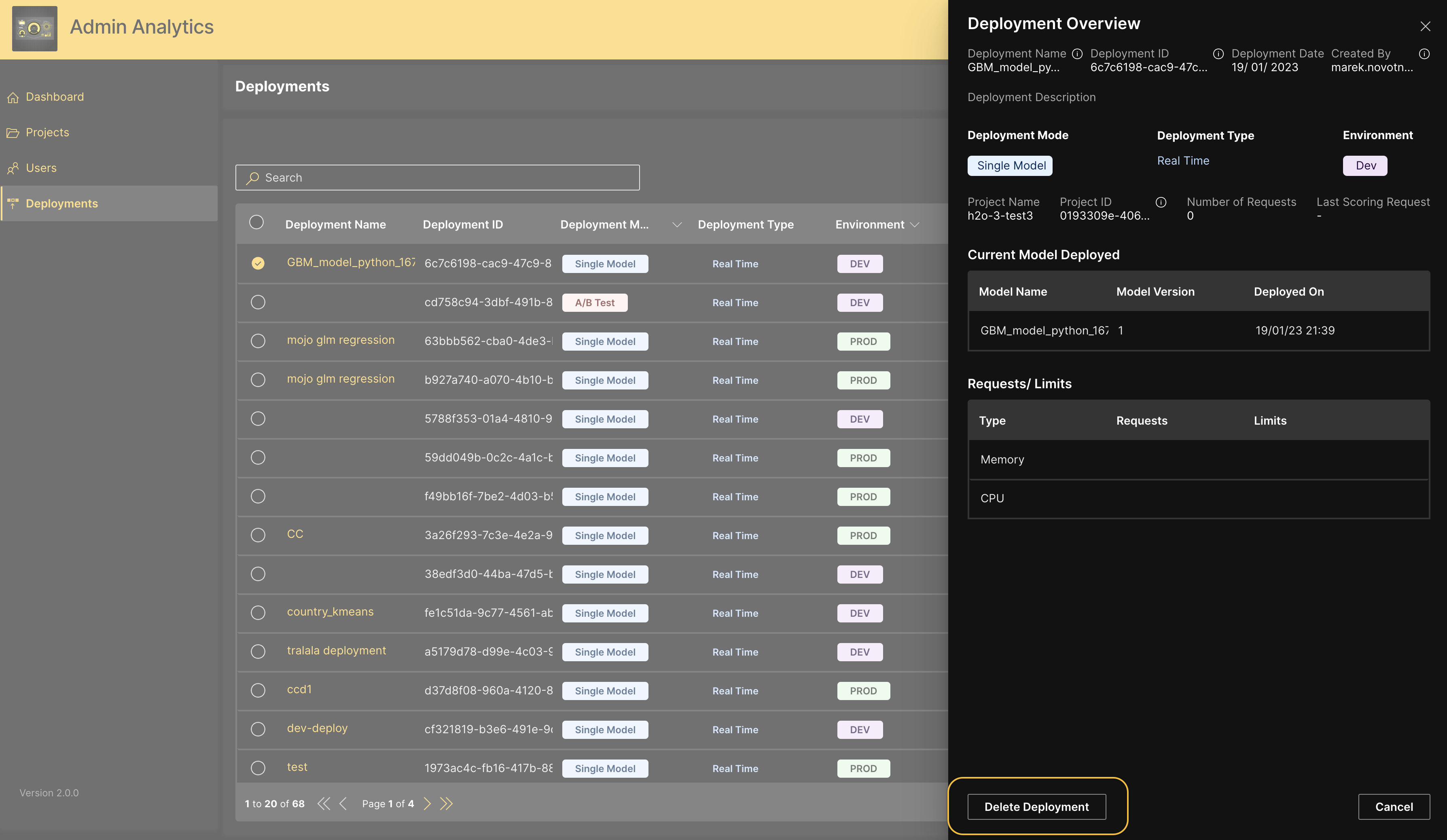 Delete from Deployments Overview
