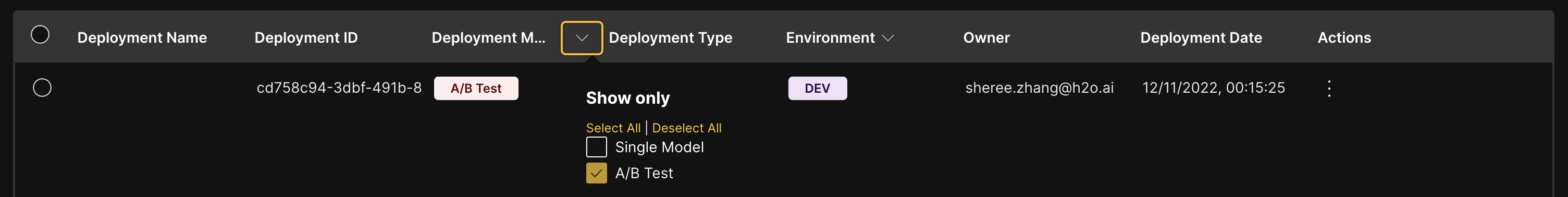 Filter by deployment